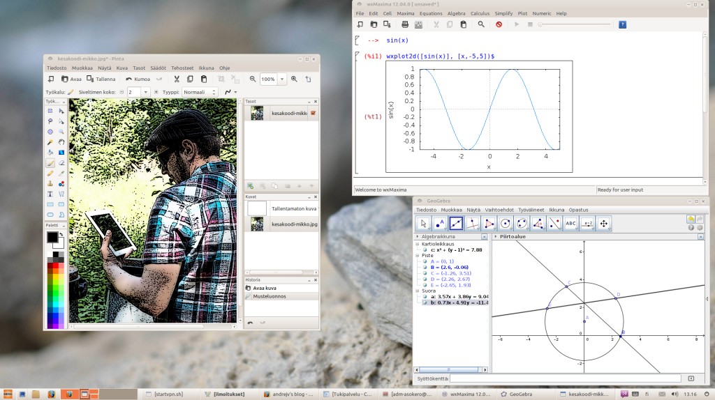 Opinsys-työpöydällä avoinna Pinta-kuvankäsittely, wxMaxima ja GeoGebra.